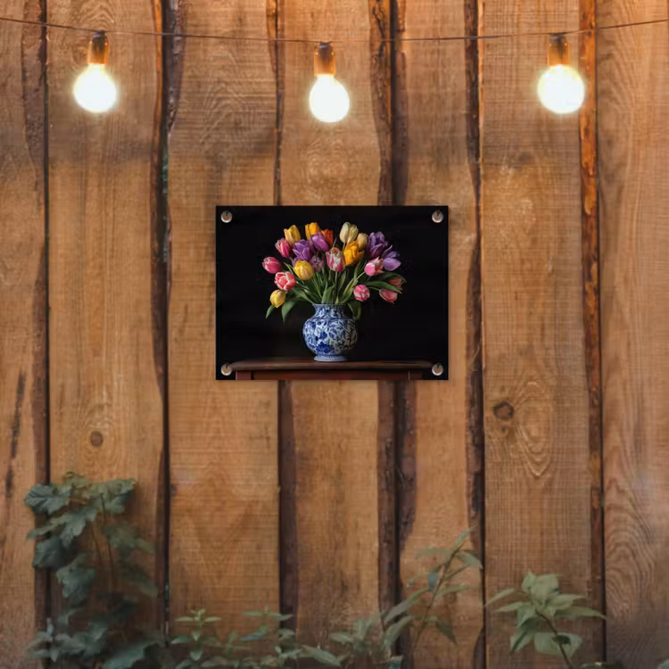 Tulpen - Kleuren - Hout - Vaas tuinposter los doek klein -sfeer1