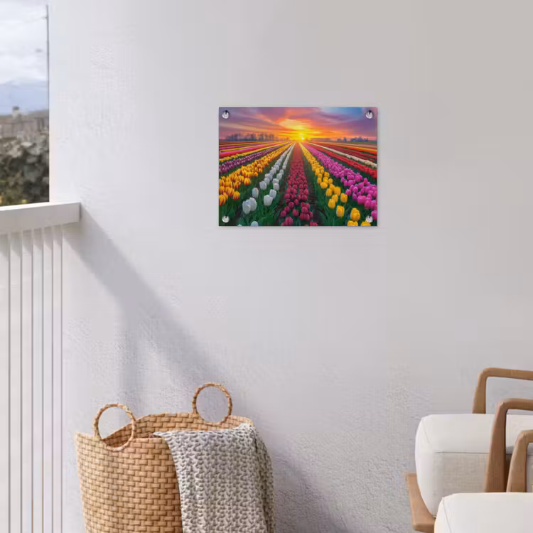 Tulpenveld - Zonsondergang - Kleurrijk tuinposter los doek klein -sfeer8