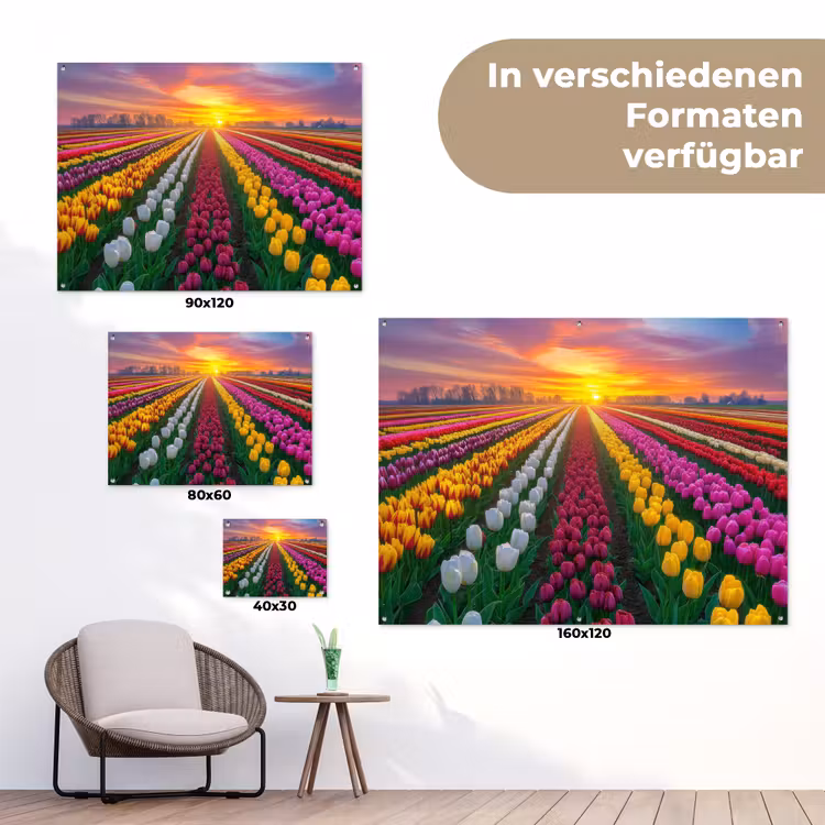 Tulpenveld - Zonsondergang - Kleurrijk tuinposter los doek klein -Xsfeer9_DE