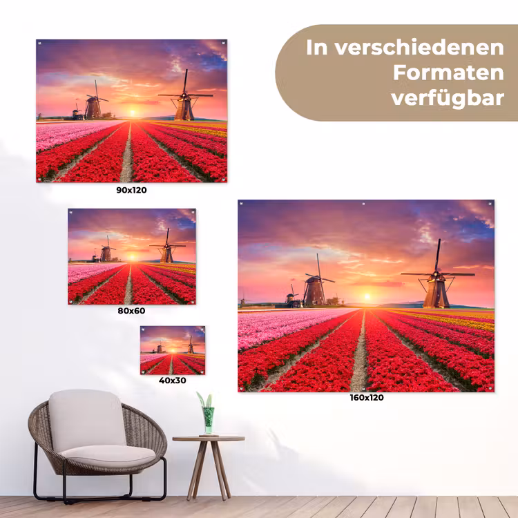 Tulpenvelden met windmolens bij zonsondergang tuinposter los doek klein -Xsfeer9_DE