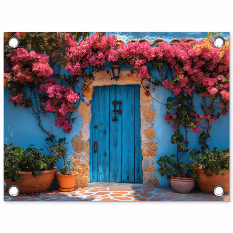 Deur - Hout - Bloemen - Blauw tuinposter los doek klein -3d