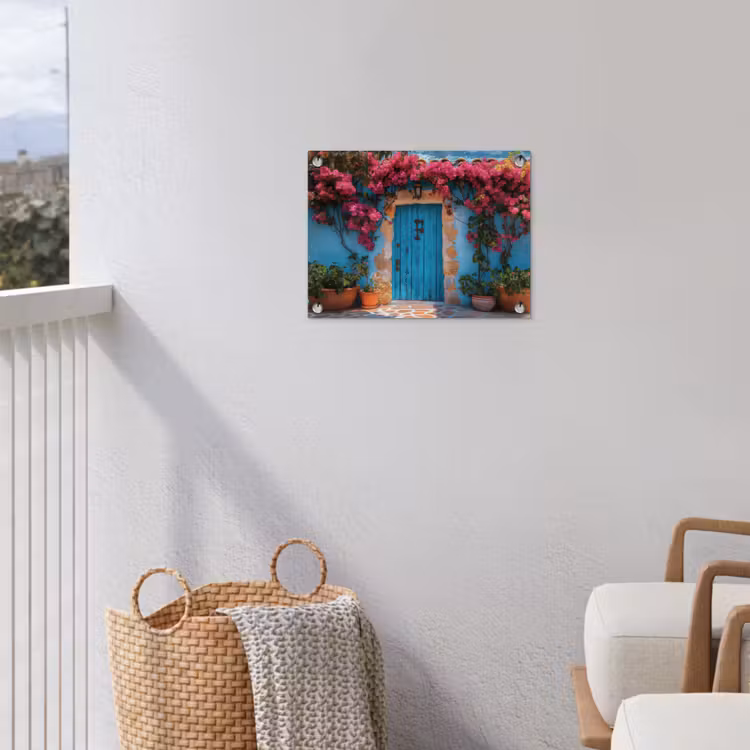 Deur - Hout - Bloemen - Blauw tuinposter los doek klein -sfeer8
