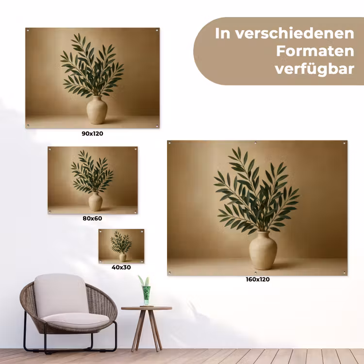Vaas - Olijftakken - Bladeren - Beige tuinposter los doek klein -Xsfeer9_DE