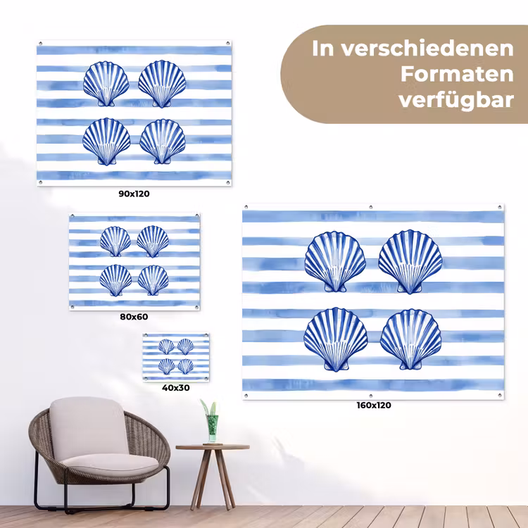 Vier schelpen - Blauw - Wit - Strepen tuinposter los doek klein -Xsfeer9_DE