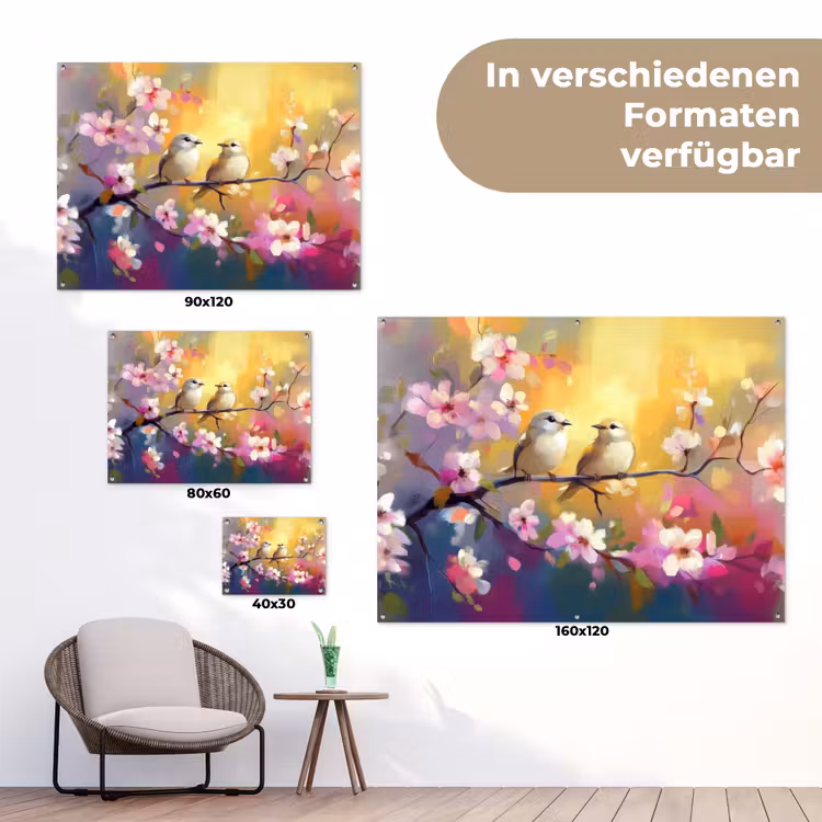 Vogels - Bloemen - Roze tuinposter los doek klein -Xsfeer9_DE