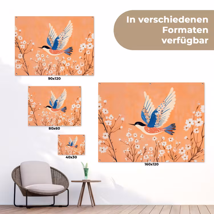 Vogel - Bloesemtakken - Warm - Kleurrijk tuinposter los doek klein -Xsfeer9_DE