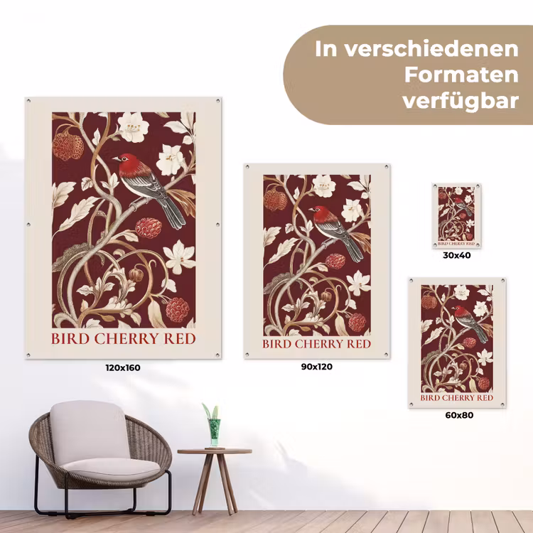 Vogel - Bordeaux - Bloemen - Bessen tuinposter los doek klein -Xsfeer9_DE