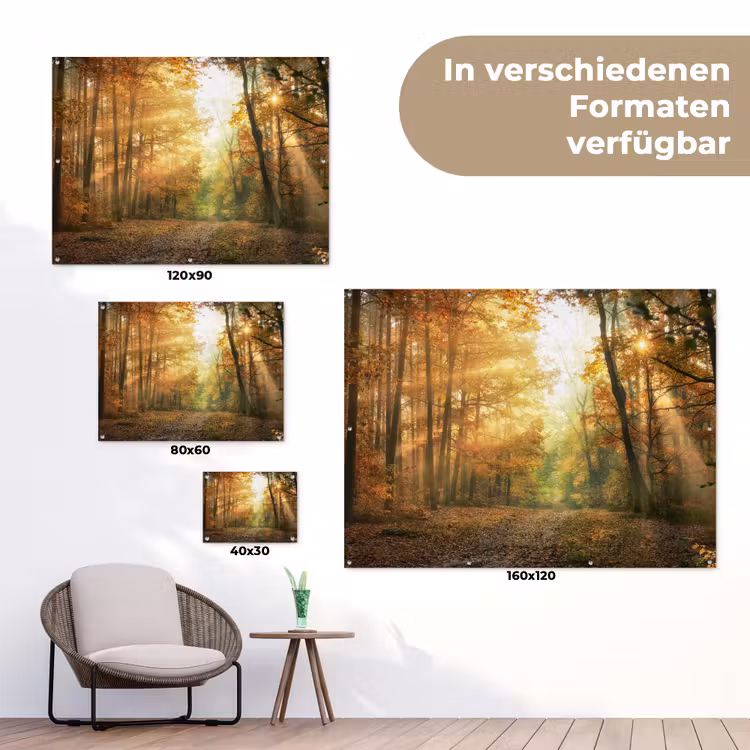 Bos - Herfst - Zon - Landschap - Natuur - Bomen - Bladeren tuinposter los doek klein -Xsfeer9_DE