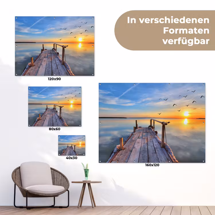 Water - Steiger - Vogels - Zonsondergang - Horizon tuinposter los doek klein -Xsfeer9_DE