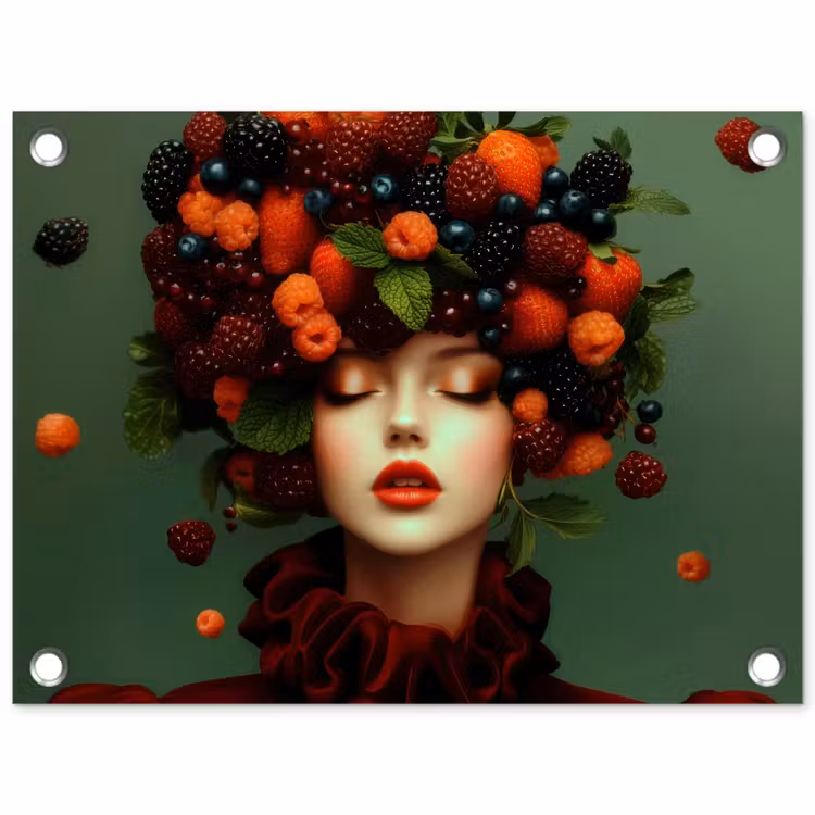 Vrouw - Aardbeien - Frambozen - Bramen - Bessen tuinposter los doek klein -3d