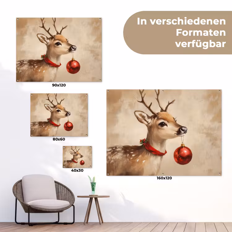 Kerst - Hert - Gewei - Kerstbal - Rendier tuinposter los doek klein -Xsfeer9_DE
