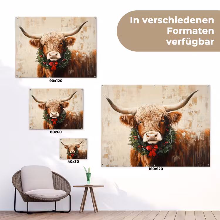 Kerst - Schotse Hooglander - Bruin - Krans tuinposter los doek klein -Xsfeer9_DE