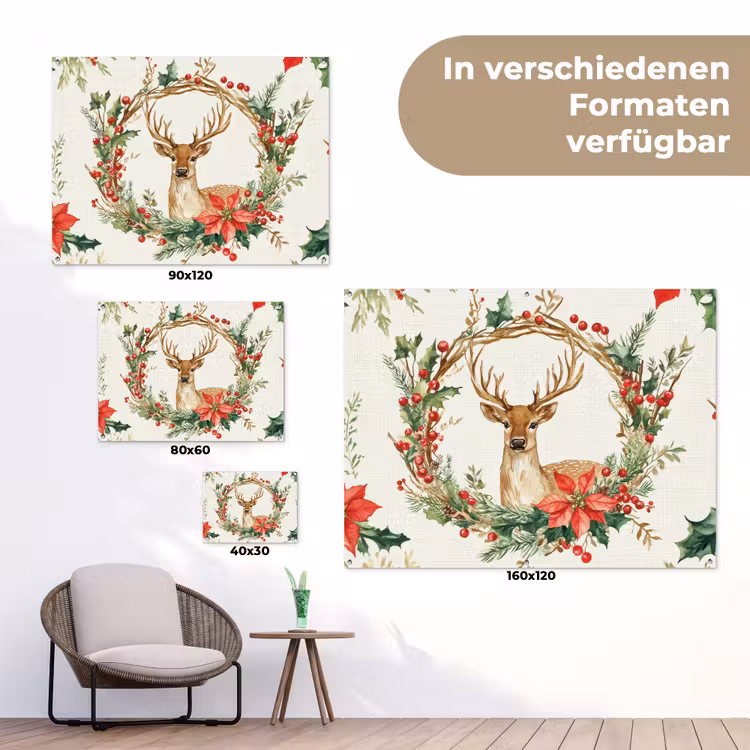 Kerstkrans - Hert - Hulst - Rood tuinposter los doek klein -Xsfeer9_DE