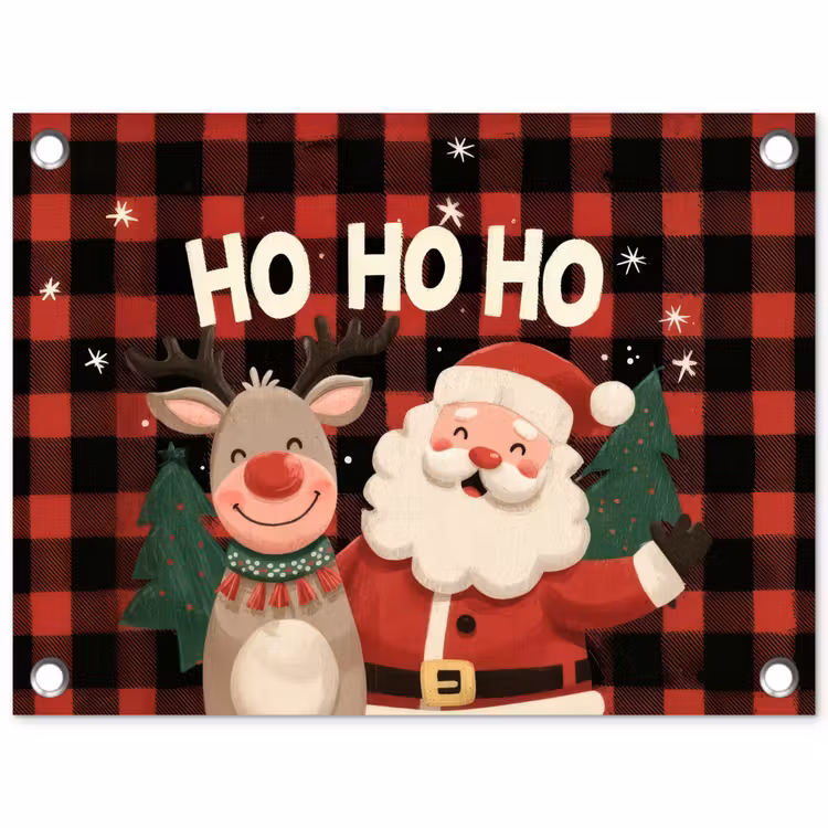 Kerstman - Rendier - Tekst - Rood - Zwart tuinposter los doek klein -3d