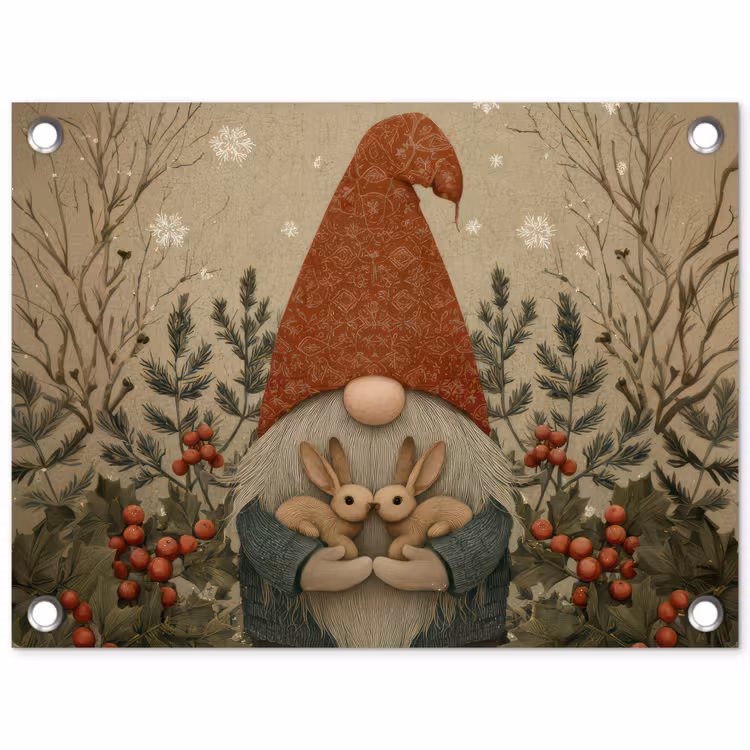 Kerstgnome - Konijntjes - Kleurrijk tuinposter los doek klein -3d