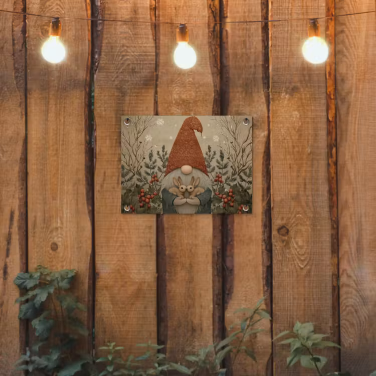 Kerstgnome - Konijntjes - Kleurrijk tuinposter los doek klein -sfeer1