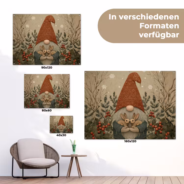Kerstgnome - Konijntjes - Kleurrijk tuinposter los doek klein -Xsfeer9_DE