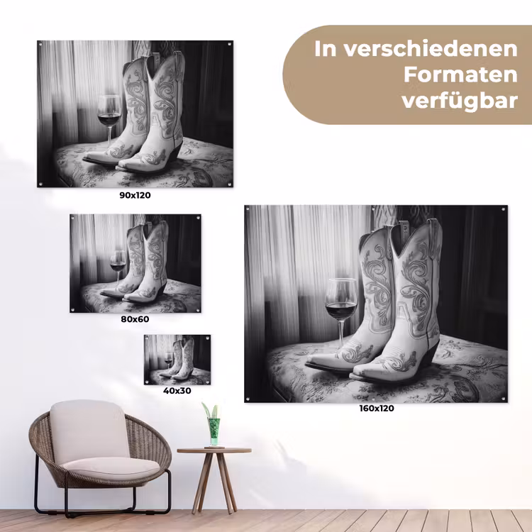 Wijn - Cowboylaarzen - Raamlicht - Wit tuinposter los doek klein -Xsfeer9_DE