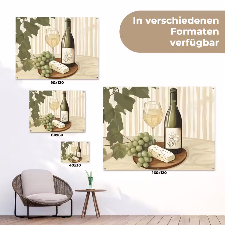 Wijn - Druiven - Kaas - Bladeren tuinposter los doek klein -Xsfeer9_DE