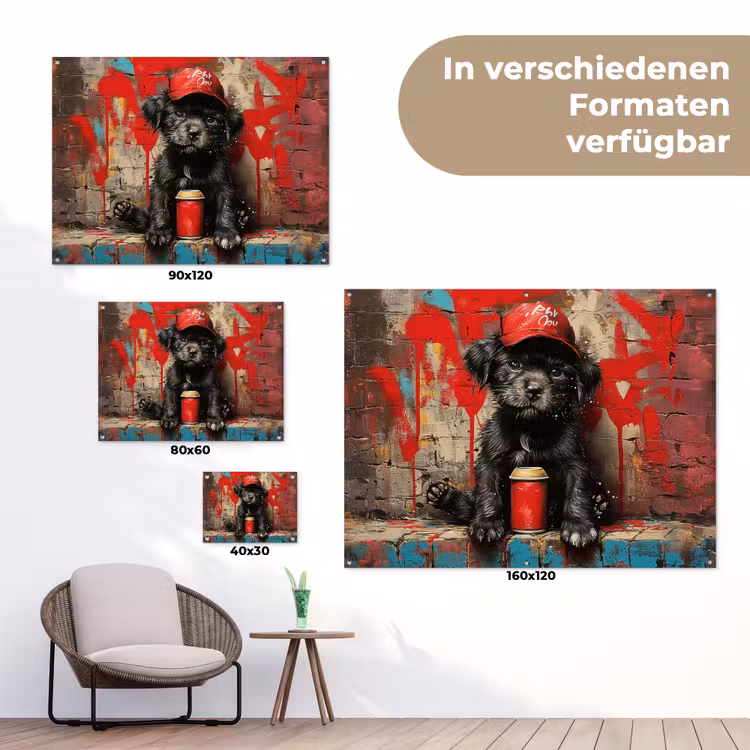 Puppy met Rode Pet en Spuitbus tuinposter los doek klein -Xsfeer9_DE