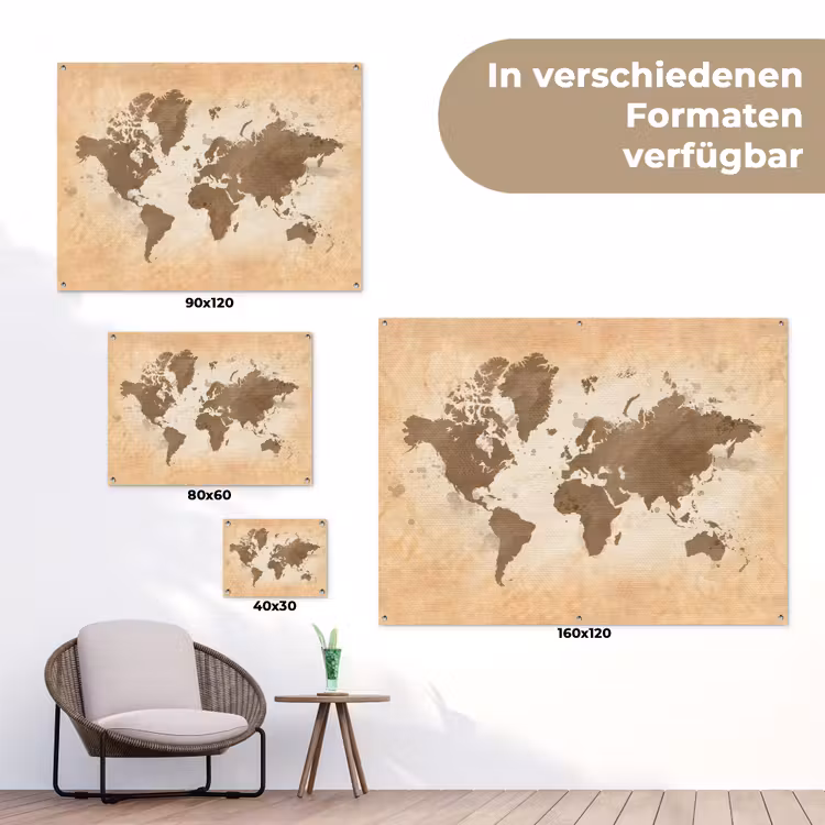 Wereldkaart - Beige - Bruin tuinposter los doek klein -Xsfeer9_DE