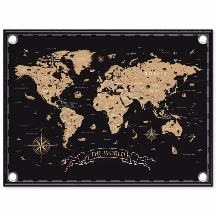 Wereldkaart - Beige - Zwart tuinposter los doek klein -3d