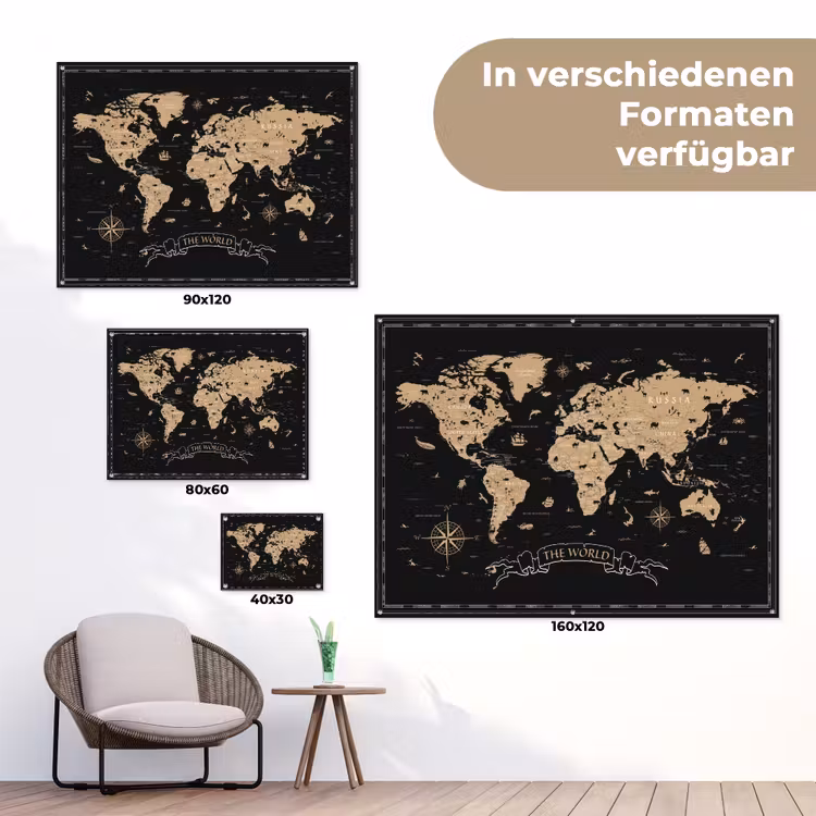 Wereldkaart - Beige - Zwart tuinposter los doek klein -Xsfeer9_DE