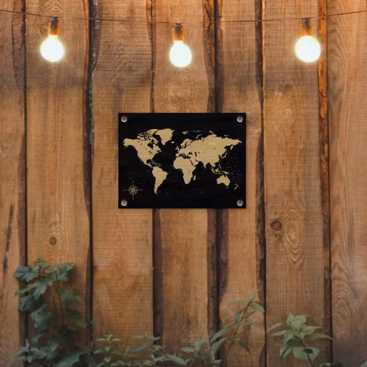 Wereldkaart - Beige - Zwart tuinposter los doek klein -sfeer1