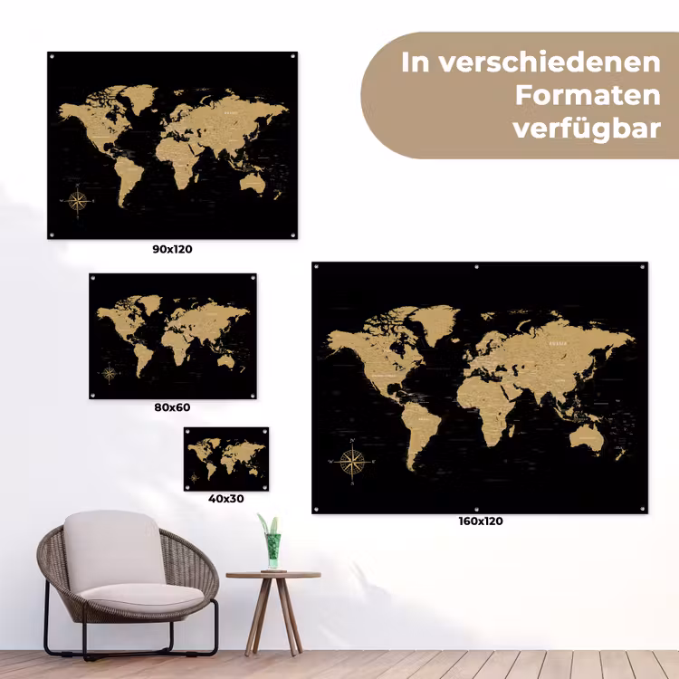 Wereldkaart - Beige - Zwart tuinposter los doek klein -Xsfeer9_DE