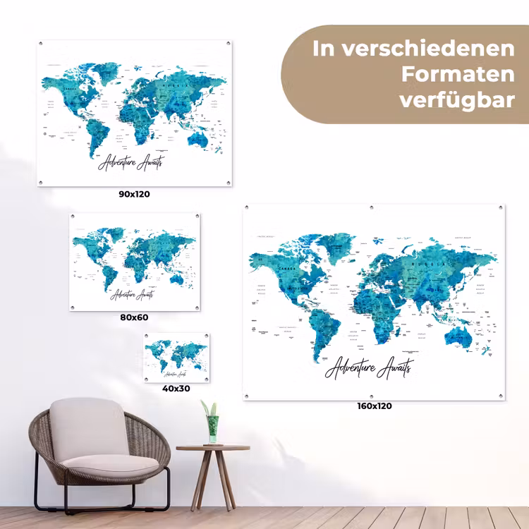 Wereldkaart - Blauw - Kleurrijk tuinposter los doek klein -Xsfeer9_DE
