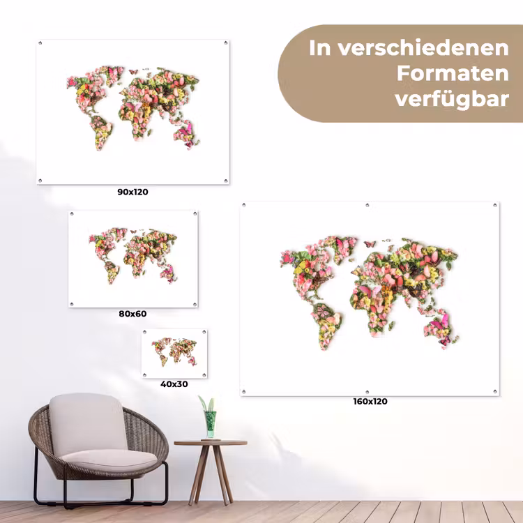 Wereldkaart - Bloemen - Felgekleurd tuinposter los doek klein -Xsfeer9_DE