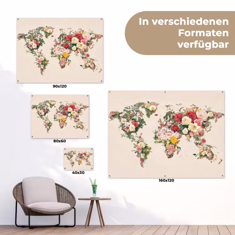 Wereldkaart - Bloemen - Roze tuinposter los doek klein -Xsfeer9_DE
