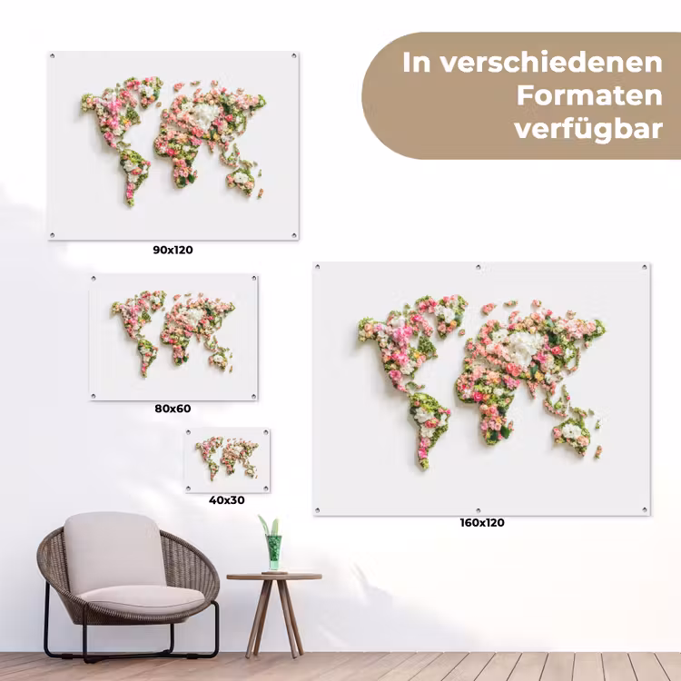 Wereldkaart - Bloemen - Subtiel tuinposter los doek klein -Xsfeer9_DE
