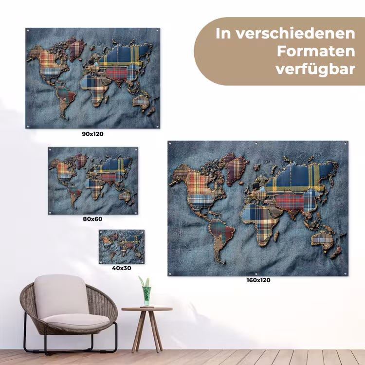 Wereldkaart - Denim - Textiel tuinposter los doek klein -Xsfeer9_DE