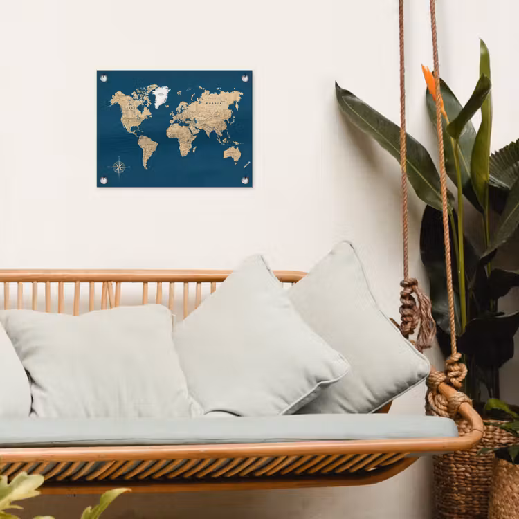 Wereldkaart - Donkerblauw - Beige tuinposter los doek klein -sfeer7