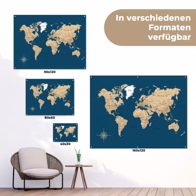 Wereldkaart - Donkerblauw - Beige tuinposter los doek klein -Xsfeer9_DE
