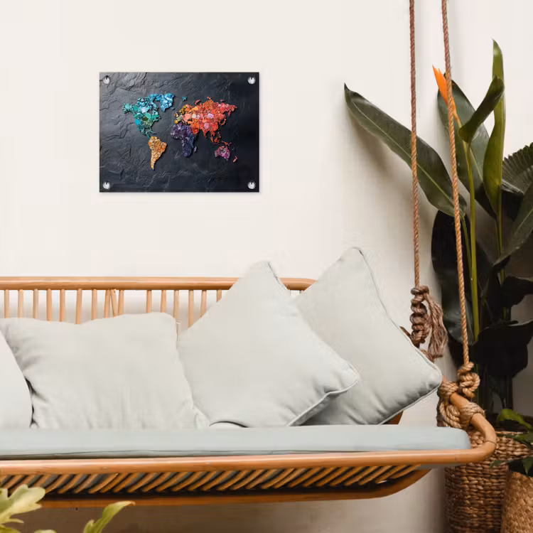 Wereldkaart - Edelstenen - Regenboog - Ruw tuinposter los doek klein -sfeer7
