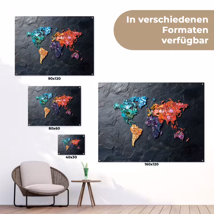 Wereldkaart - Edelstenen - Regenboog - Ruw tuinposter los doek klein -Xsfeer9_DE