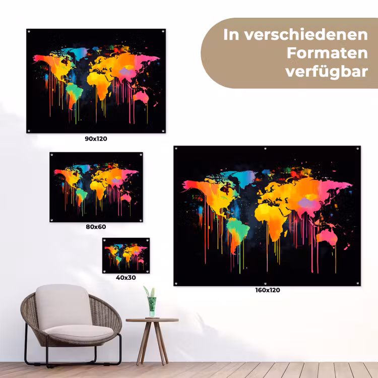 Wereldkaart - Verf - Kleurrijk - Graffiti - Wereld tuinposter los doek klein -Xsfeer9_DE