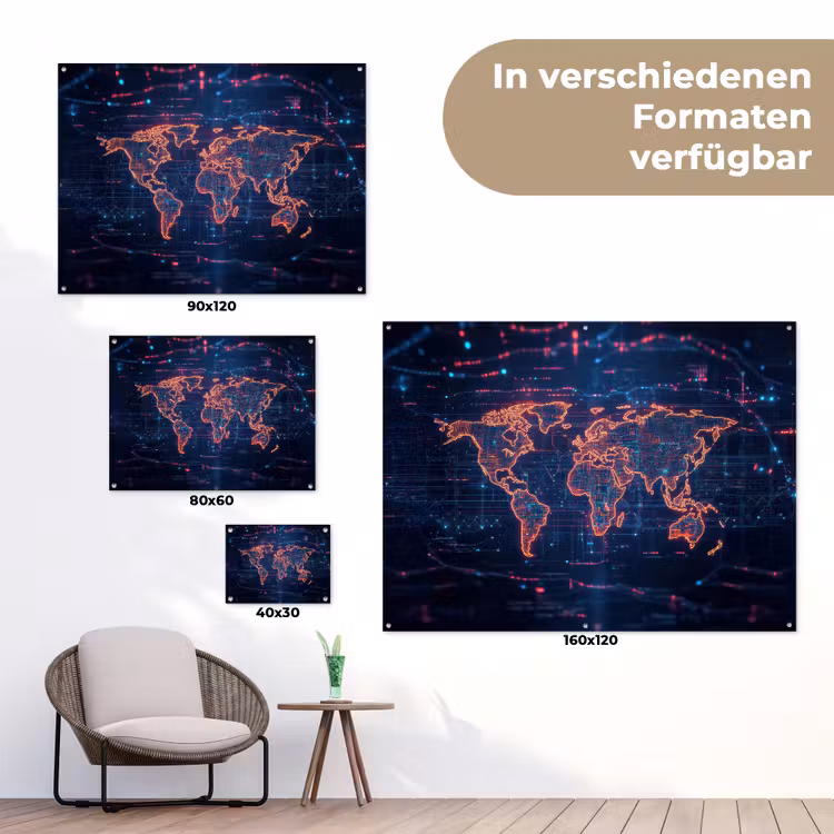 Wereldkaart - Futuristisch - Oranje tuinposter los doek klein -Xsfeer9_DE