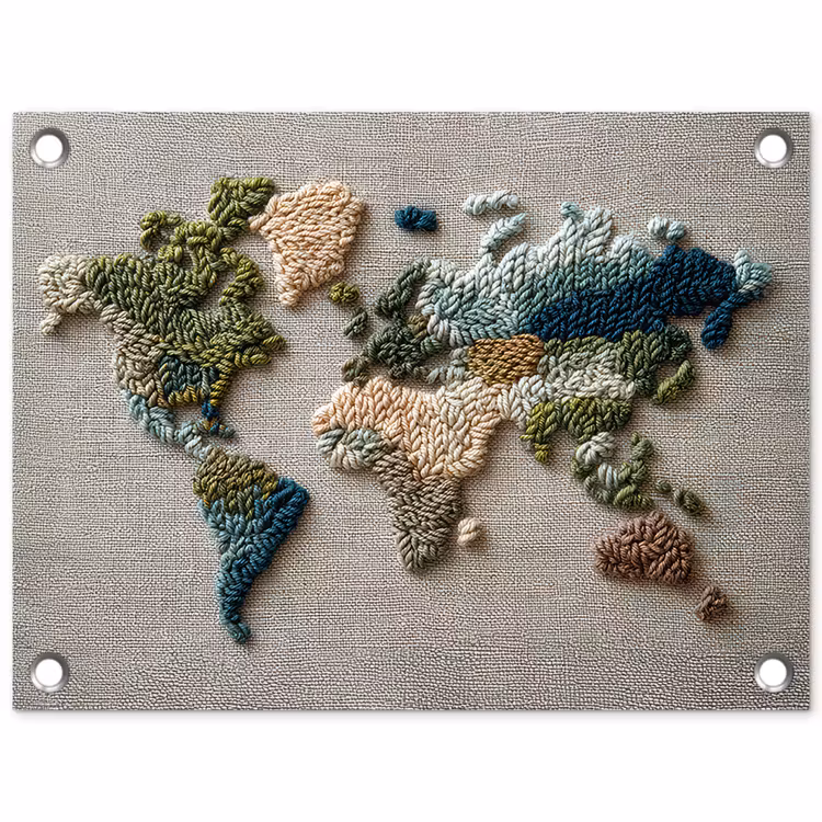 Wereldkaart - Geborduurd - Aardetinten tuinposter los doek klein -3d