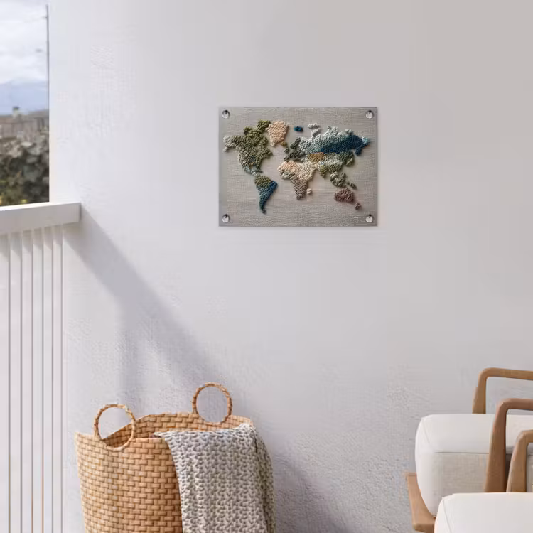Wereldkaart - Geborduurd - Aardetinten tuinposter los doek klein -sfeer8