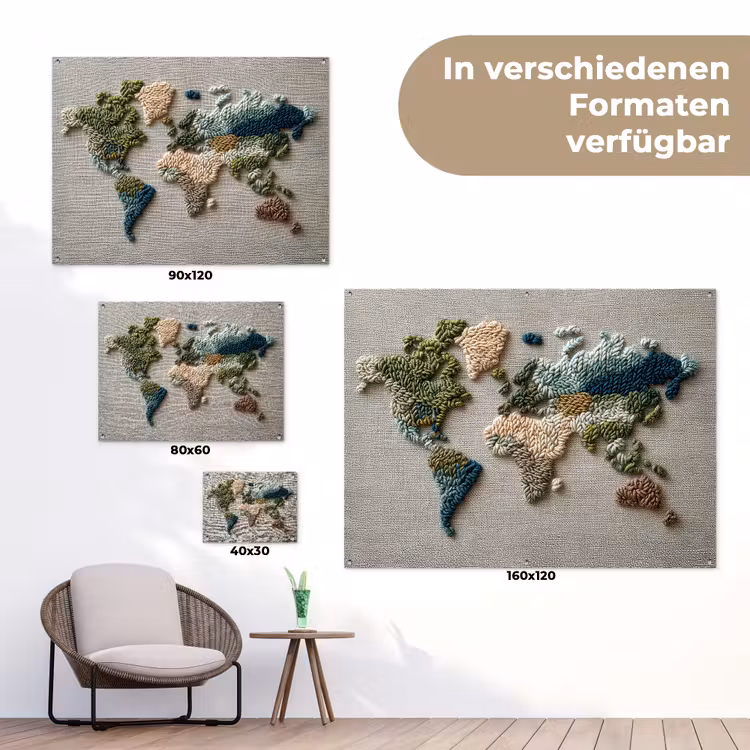 Wereldkaart - Geborduurd - Aardetinten tuinposter los doek klein -Xsfeer9_DE