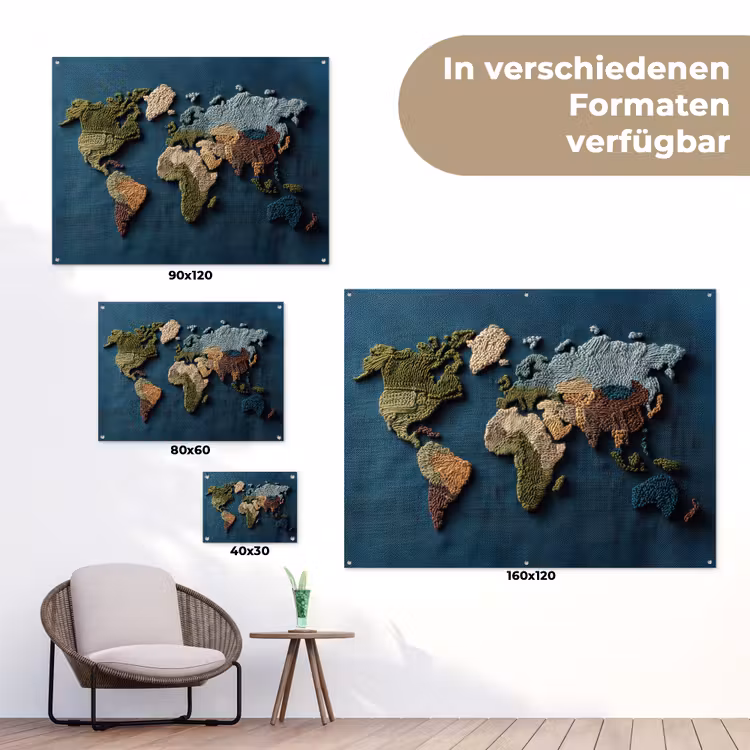 Wereldkaart - Geborduurd - Verschillende tinten tuinposter los doek klein -Xsfeer9_DE
