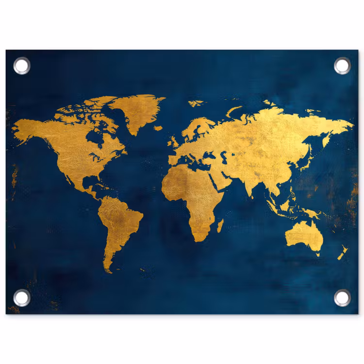 Wereldkaart - Goud - Donkerblauw tuinposter los doek klein -3d