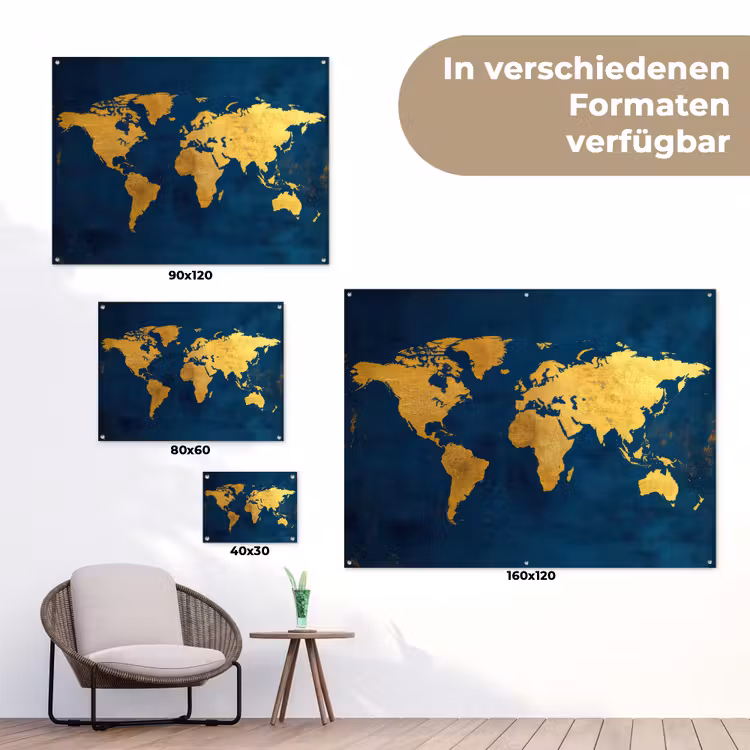 Wereldkaart - Goud - Donkerblauw tuinposter los doek klein -Xsfeer9_DE