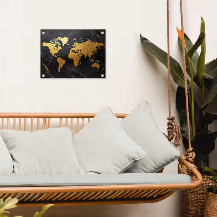 Wereldkaart - Goud - Marmer tuinposter los doek klein -sfeer7