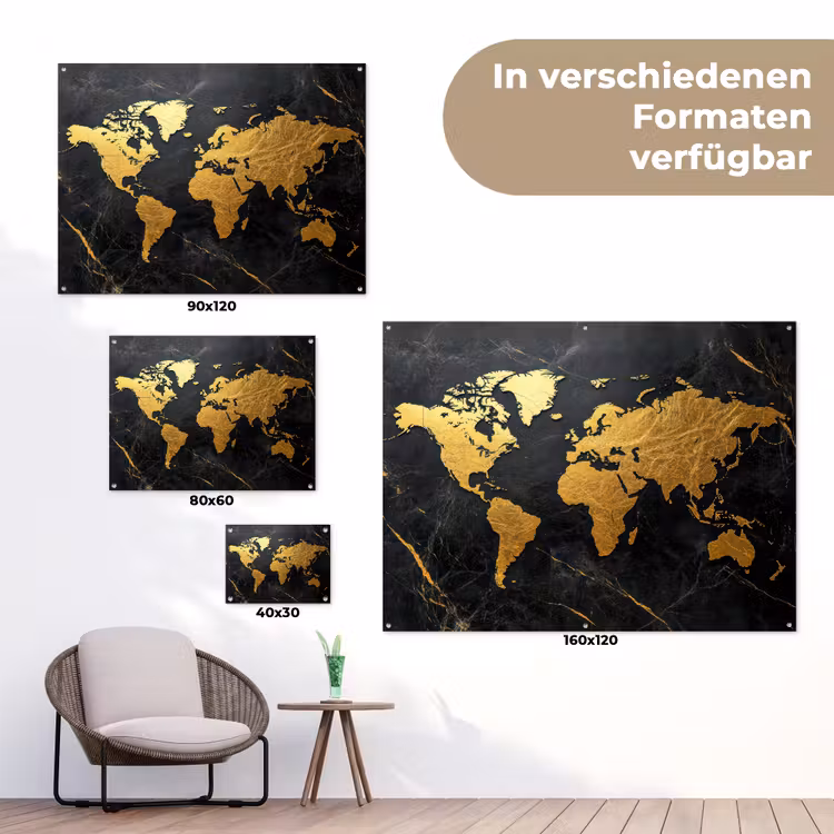 Wereldkaart - Goud - Marmer tuinposter los doek klein -Xsfeer9_DE
