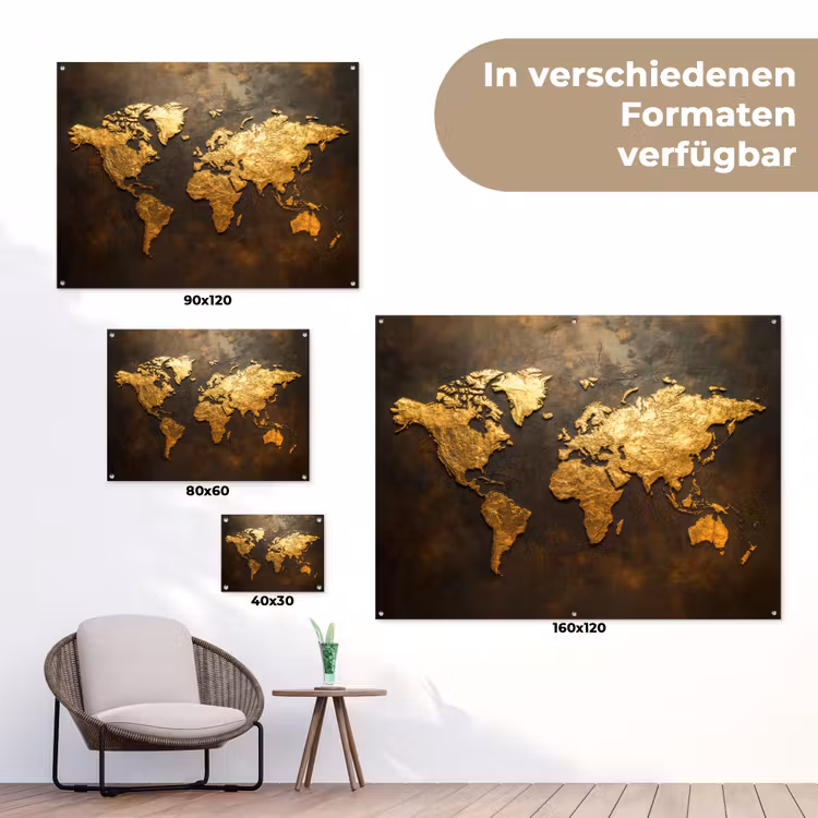 Wereldkaart - Goud - Roest tuinposter los doek klein -Xsfeer9_DE