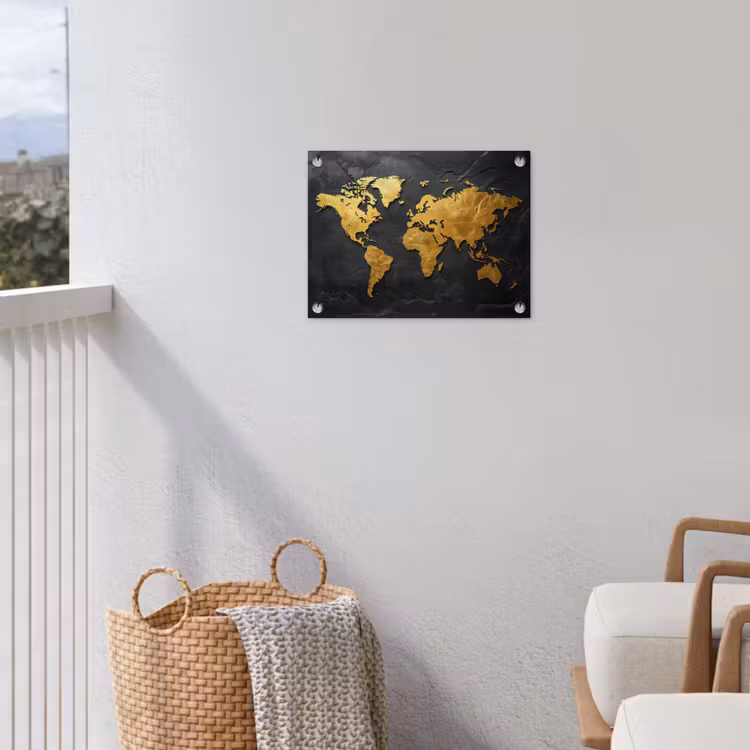 Wereldkaart - Goud - Steen tuinposter los doek klein -sfeer8